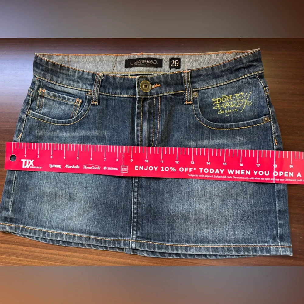 Ed Hardy Blue Denim Mini Skirt with Yellow Logo - Picture 4 of 8
